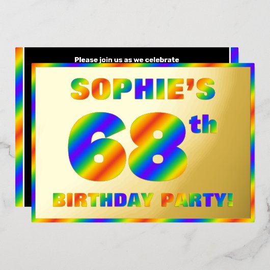 68e verjaardagsfeestje — Leuk, regenboogspectrum “ Folie Uitnodiging (Voorkant / Achterkant)