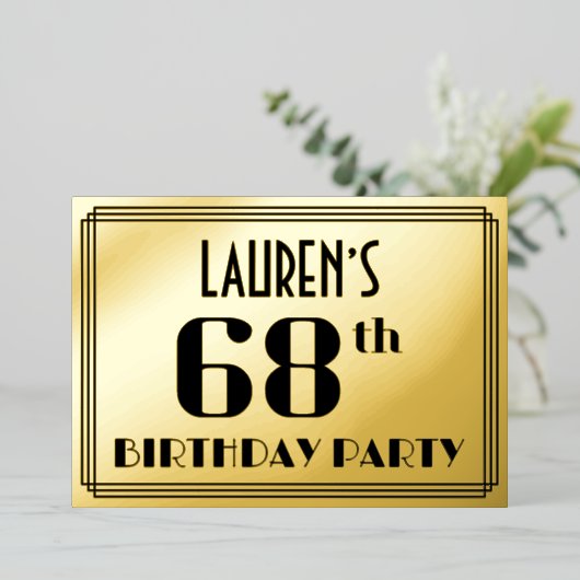 68ste verjaardag: Art Deco Kijk "68" en naam Folie Uitnodiging (Staand Voorkant)