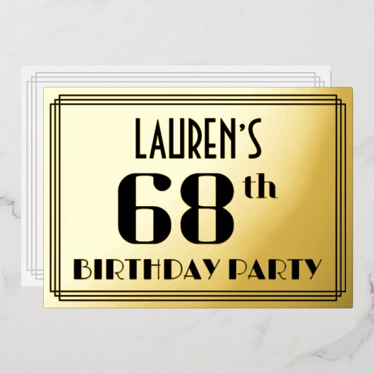 68ste verjaardag: Art Deco Kijk "68" en naam Folie Uitnodiging (Voorkant / Achterkant)