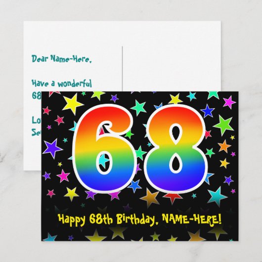 68ste verjaardag: Fun Stars Pattern, Rainbow 68, N Briefkaart (Voorkant / Achterkant)