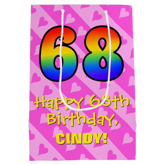 68ste verjaardag: Leuke roze harten strepen; Regen Medium Cadeauzakje (Achterkant)