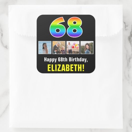 68ste verjaardag: Regenboog "68"; Aangepaste foto' Vierkante Sticker (Tas)
