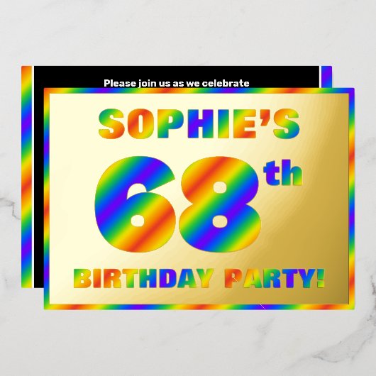 68ste verjaardag van de geboorte - Fun, regenboogs Folie Uitnodiging (Voorkant / Achterkant)
