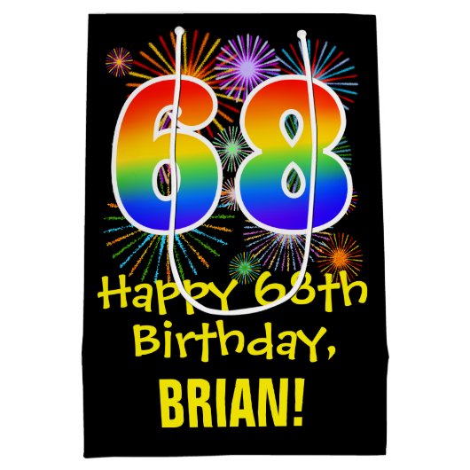 68ste verjaardag: vuurwerk patroon + regenboog 68 medium cadeauzakje (Achterkant)