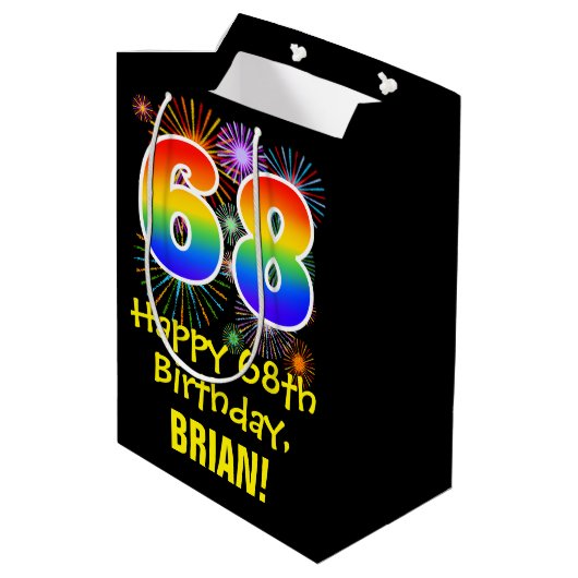 68ste verjaardag: vuurwerk patroon + regenboog 68 medium cadeauzakje (Achterkant Gekanteld)