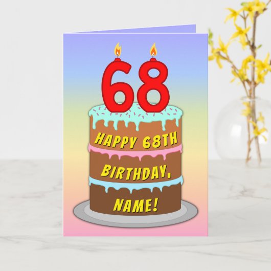 68th Birthday — Fun Cake & Candles, w/ Custom Name Kaart (Gele Bloem)