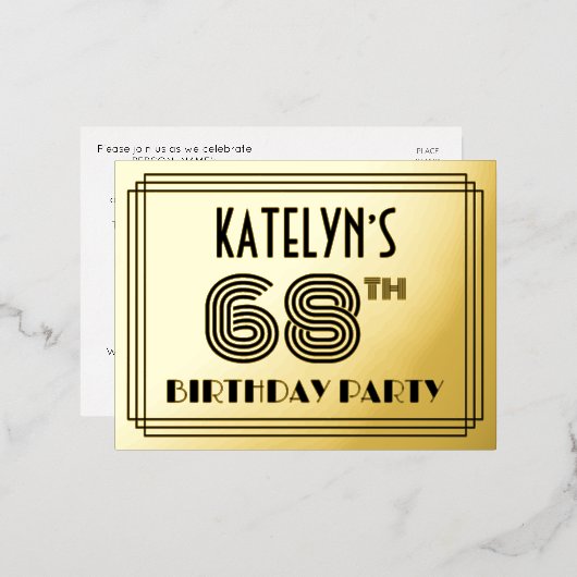68th Birthday Party ~ Art Deco Style “68” + Name Folie Uitnodiging Briefkaart (Voorkant / Achterkant)