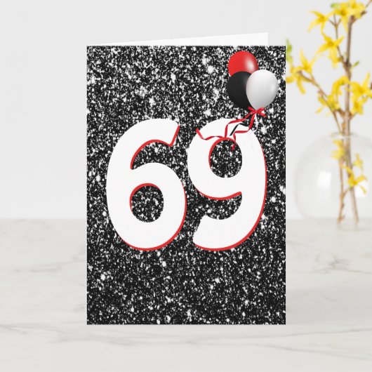 69e geboortedag ballonnen op zwarte Glitter Kaart (Gele Bloem)