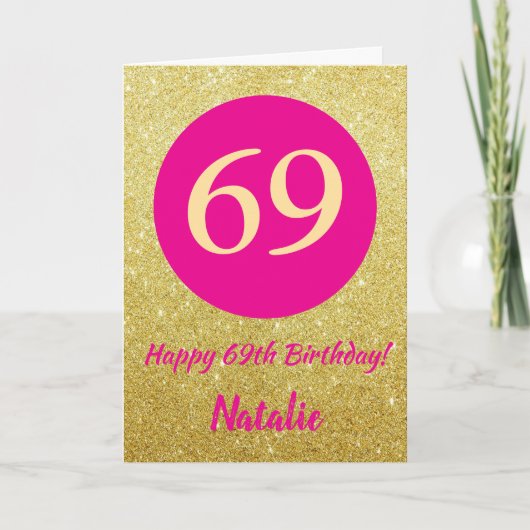 69e Happy Birthday Hot Pink en Gold Glitter Kaart (Voorkant)