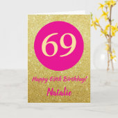 69e Happy Birthday Hot Pink en Gold Glitter Kaart (Gele Bloem)