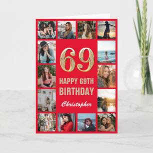 69e Happy Birthday Red en Gold Photo Collage Kaart
