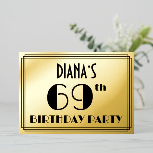 69e verjaardag — Art Deco look "69" + Naam Folie Uitnodiging (Staand Voorkant)