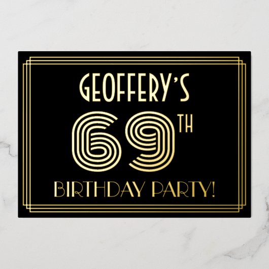 69e verjaardag — Art Deco Style "69" + Naam Folie Uitnodiging (Voorkant)