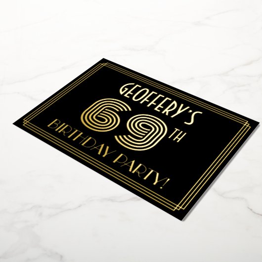 69e verjaardag — Art Deco Style "69" + Naam Folie Uitnodiging (Gedraaid)