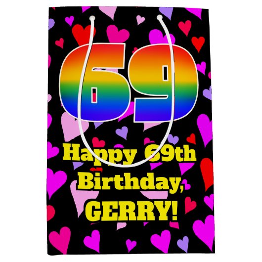 69e verjaardag: Beeldende harten Patroon, Regenboo Medium Cadeauzakje (Voorkant)