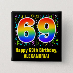 69e verjaardag: Colorful Music Symbols, Rainbow 69 Vierkante Button 5,1 Cm