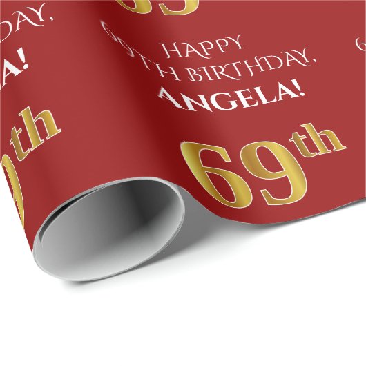 69e verjaardag: Elegant, rood, Faux Gold look Cadeaupapier (Rol Hoek)