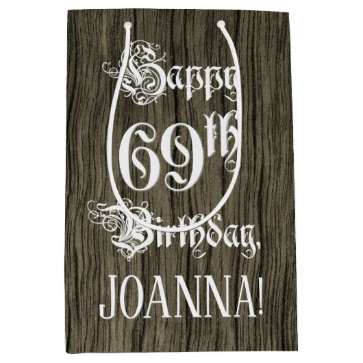 69e verjaardag: Fancy, Faux Wood Kijk + Aangepaste Medium Cadeauzakje (Voorkant)