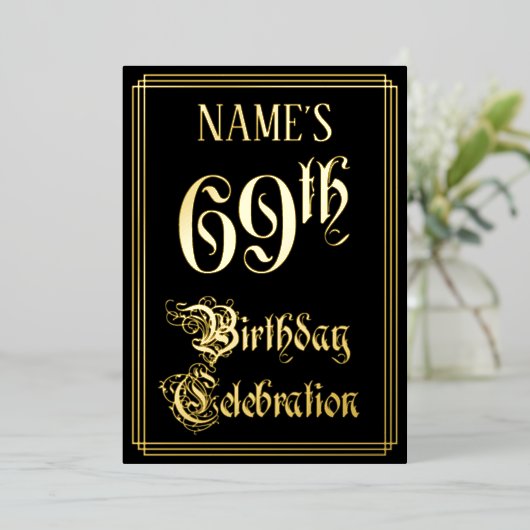 69e verjaardag — Fancy script en aangepaste naam Folie Uitnodiging (Staand Voorkant)