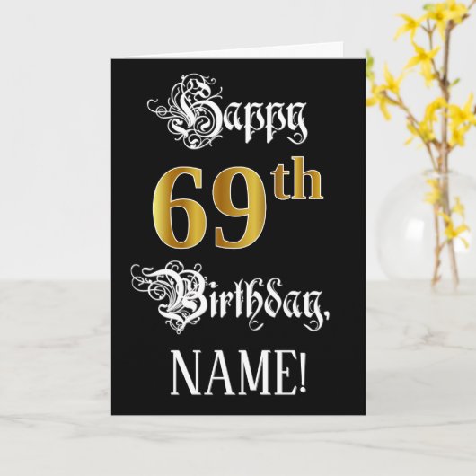 69e verjaardag — Fancy script; Faux Gold Kijk; naa Kaart (Gele Bloem)