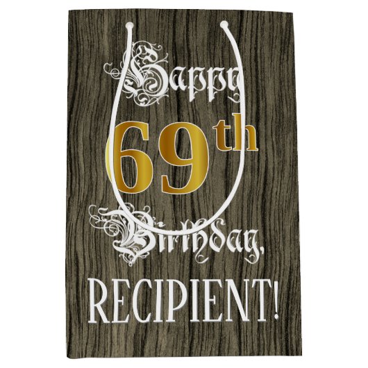 69e verjaardag: Faux Gold look & Faux Wood Pattern Medium Cadeauzakje (Voorkant)
