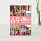69e verjaardag Foto Collage 13 Foto's Roze en Wit Kaart (Voorkant)