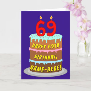 69e verjaardag: Fun Cake and Candles + Custom Name Kaart