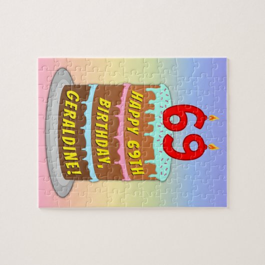 69e verjaardag: Fun Cake and Candles + Custom Name Legpuzzel (Horizontaal)