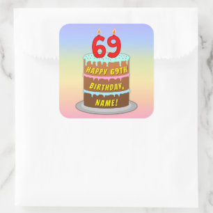 69e verjaardag: Fun Cake and Candles + Custom Name Vierkante Sticker