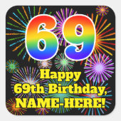 69e verjaardag: Fun Fireworks Kijk, regenboog # 69 Vierkante Sticker (Voorkant)