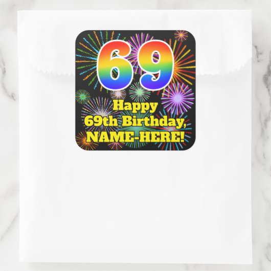 69e verjaardag: Fun Fireworks Kijk, regenboog # 69 Vierkante Sticker (Tas)