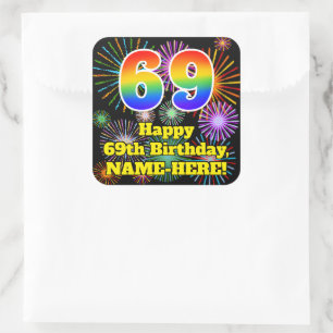 69e verjaardag: Fun Fireworks Kijk, regenboog # 69 Vierkante Sticker