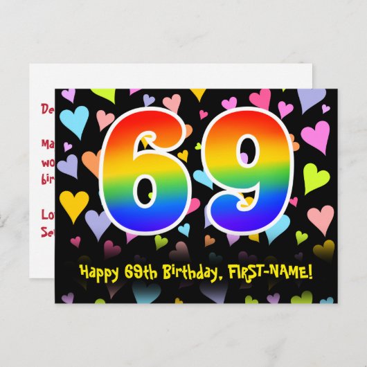 69e verjaardag: Fun Hearts Pattern, Rainbow 69 Briefkaart (Voorkant / Achterkant)