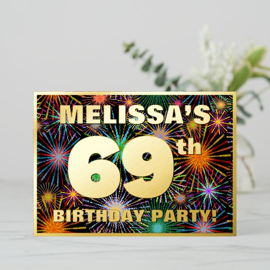 69e verjaardag — Fun, kleurrijke Fireworks look Folie Uitnodiging (Staand Voorkant)