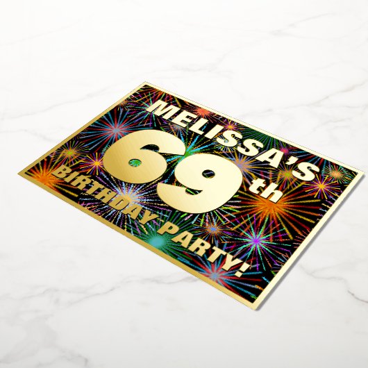 69e verjaardag — Fun, kleurrijke Fireworks look Folie Uitnodiging (Gedraaid)