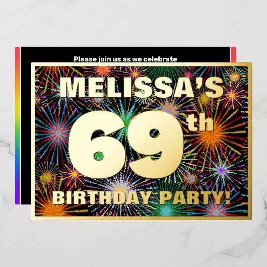 69e verjaardag — Fun, kleurrijke Fireworks look Folie Uitnodiging (Voorkant / Achterkant)