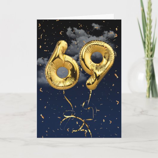 69e Verjaardag Gouden Mylar Ballon en Confetti Kaa Kaart (Voorkant)