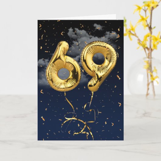 69e Verjaardag Gouden Mylar Ballon en Confetti Kaa Kaart (Gele Bloem)