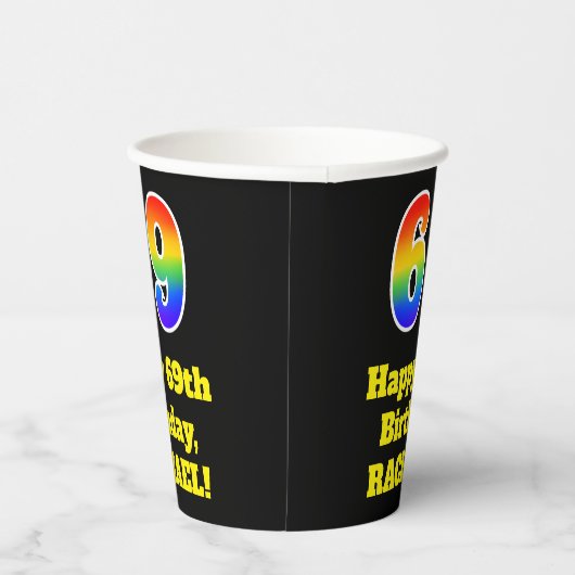 69e verjaardag: Kleurrijk, Leuk, Spannend, Regenbo Papieren Bekers (Rechts)
