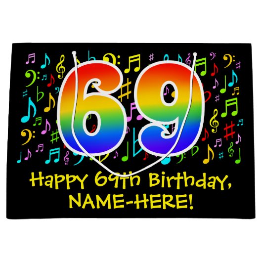 69e verjaardag - Kleurrijke muzieksymbolen, Rainbo Groot Cadeauzakje (Voorkant)
