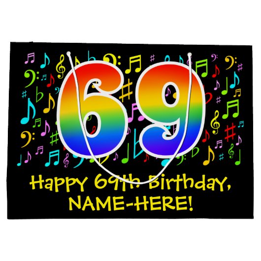 69e verjaardag - Kleurrijke muzieksymbolen, Rainbo Groot Cadeauzakje (Achterkant)