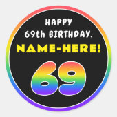 69e verjaardag: kleurrijke regenboog # 69, Aangepa Ronde Sticker (Voorkant)