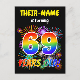69e verjaardag - Leuk vuurwerk, regenbooglook "69" Briefkaart