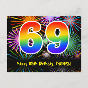 69e verjaardag - Leuk vuurwerkpatroon + Regenboog  Briefkaart