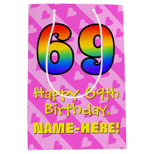69e verjaardag: Leuke roze harten strepen; Regenbo Medium Cadeauzakje (Voorkant)
