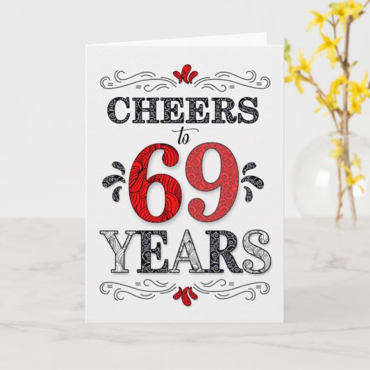 69e verjaardag Proost in rood wit zwart patroon Kaart (Gele Bloem)