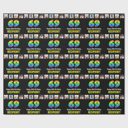 69e verjaardag: Regenboog "69"; Aangepaste foto's  Cadeaupapier (Zoom)