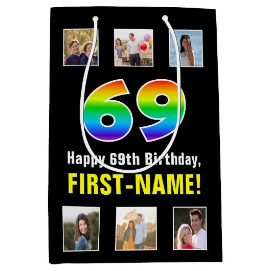 69e verjaardag: Regenboog "69", aangepaste foto's Medium Cadeauzakje (Voorkant)