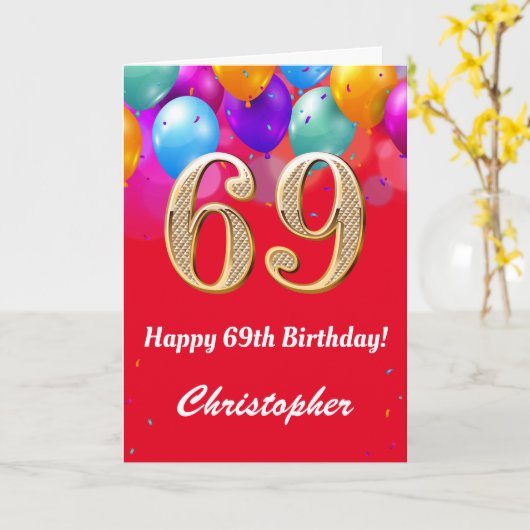69e verjaardag Rode en goudkleurige ballonnen Kaart (Gele Bloem)