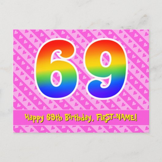 69e verjaardag: Roze strepen & harten, Regenboog 6 Briefkaart (Voorkant)